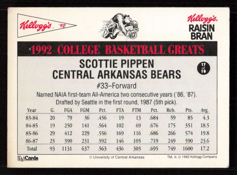 1992 Kellogg's Raisin Bran College Basketball Greats #17 Scottie Pippen