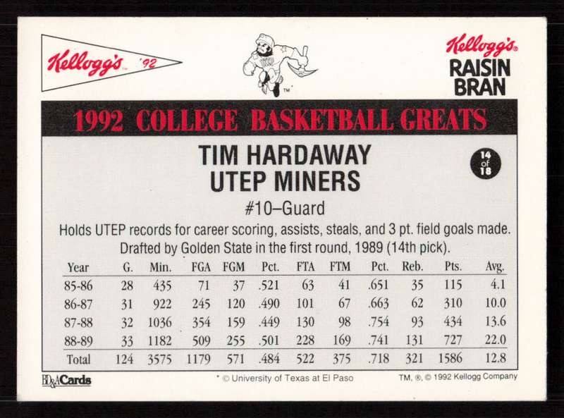 1992 Kellogg's Raisin Bran College Basketball Greats #14 Tim Hardaway