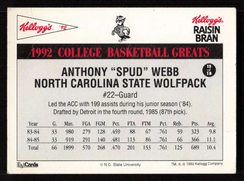 1992 Kellogg's Raisin Bran College Basketball Greats #15 Spud Webb