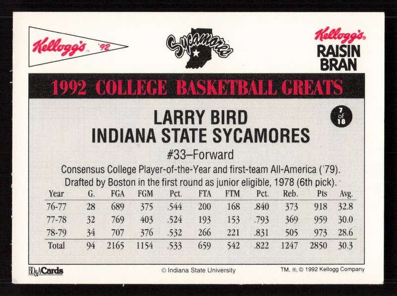 1992 Kellogg's Raisin Bran College Basketball Greats #7 Larry Bird