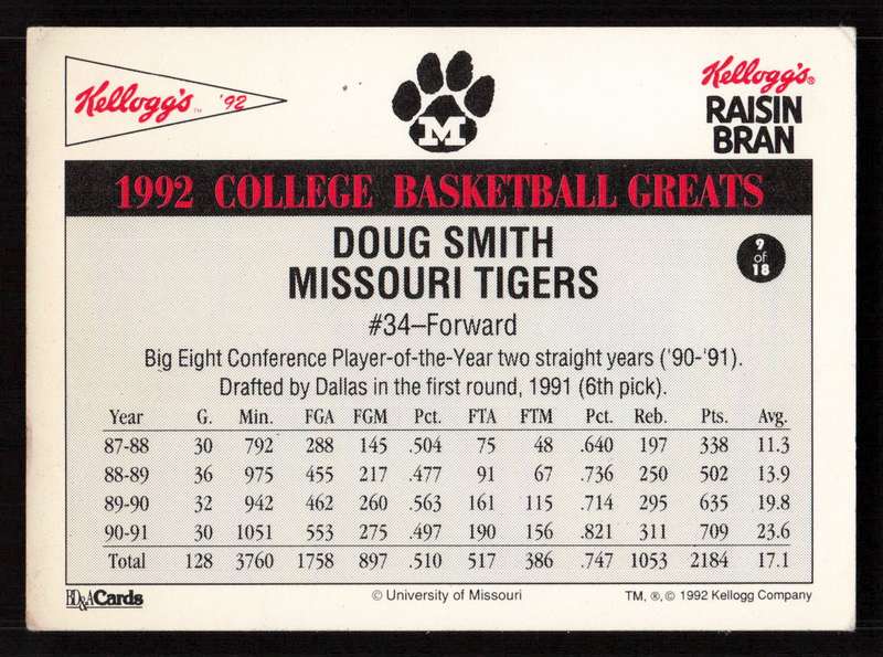 1992 Kellogg's Raisin Bran College Basketball Greats #9 Doug Smith