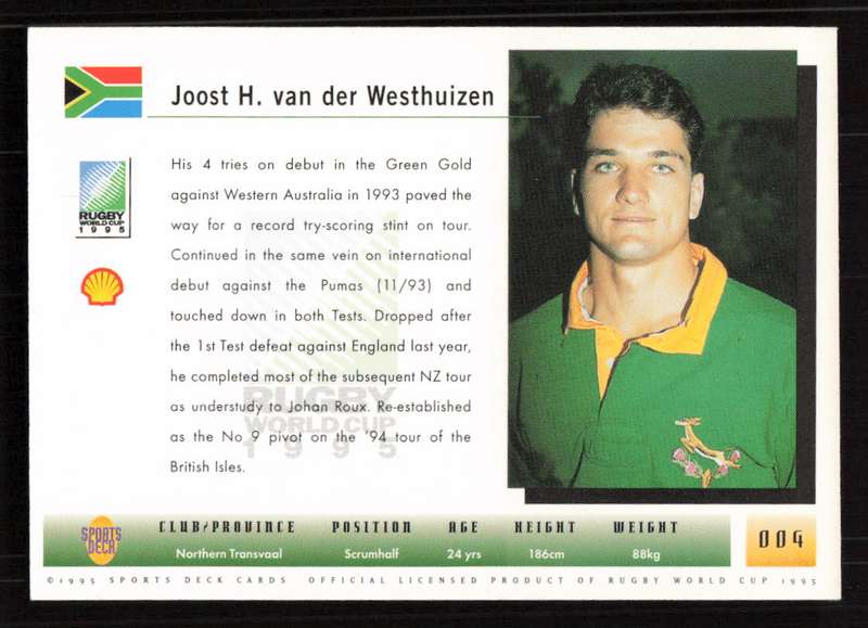 1995 Sports Deck Cards Rugby World Cup 1995 #004 Joost H. van der Westhuizen