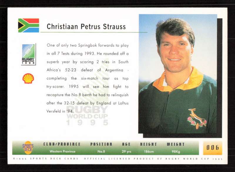 1995 Sports Deck Cards Rugby World Cup 1995 #006 Christiaan Petrus Strauss