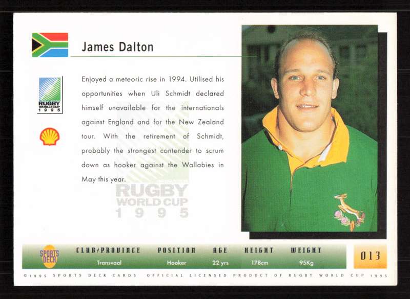 1995 Sports Deck Cards Rugby World Cup 1995 #013 James Dalton