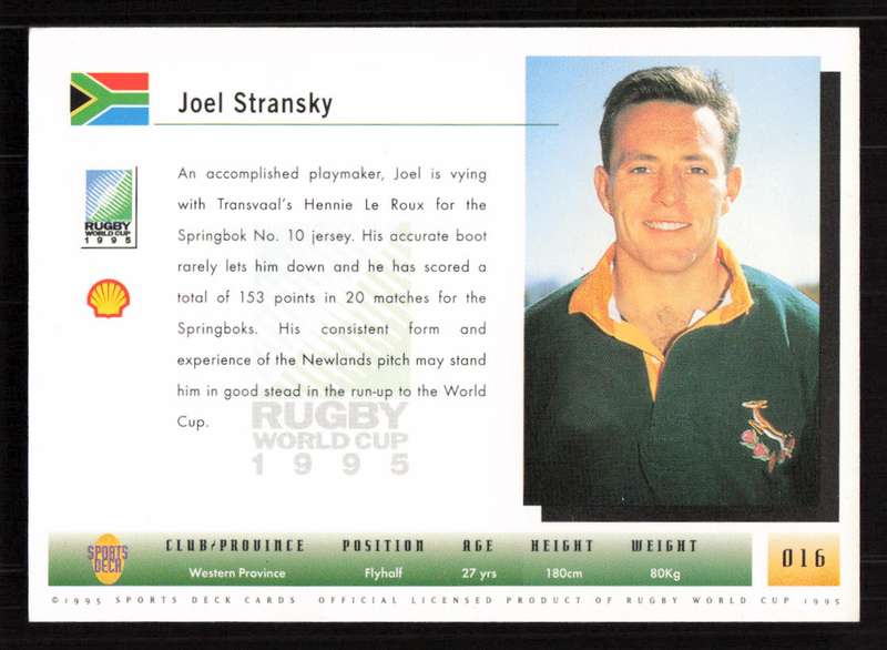 1995 Sports Deck Cards Rugby World Cup 1995 #016 Joel Stransky
