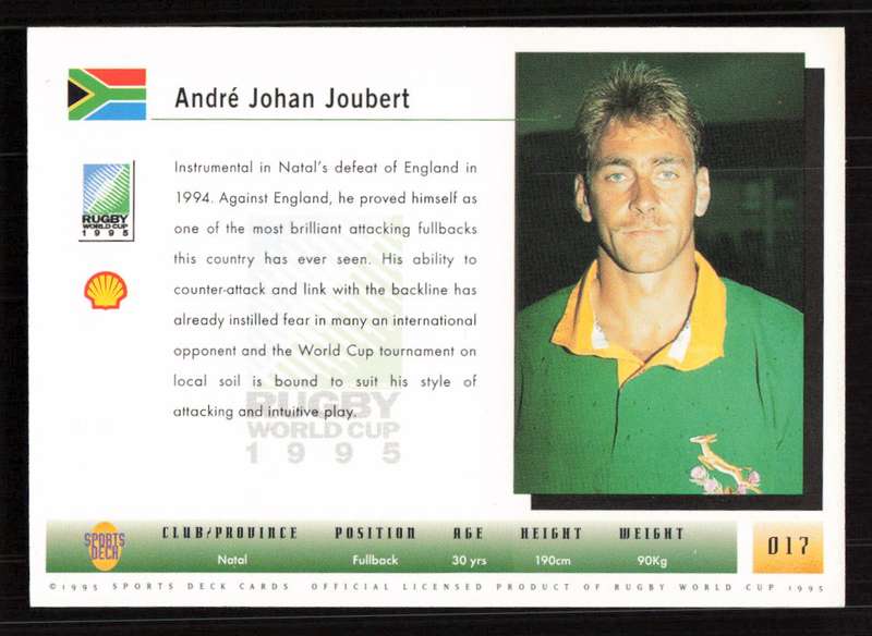 1995 Sports Deck Cards Rugby World Cup 1995 #017 Andre Johan Joubert