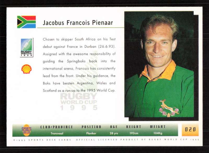 1995 Sports Deck Cards Rugby World Cup 1995 #020 Jacobus Francois Pienaar