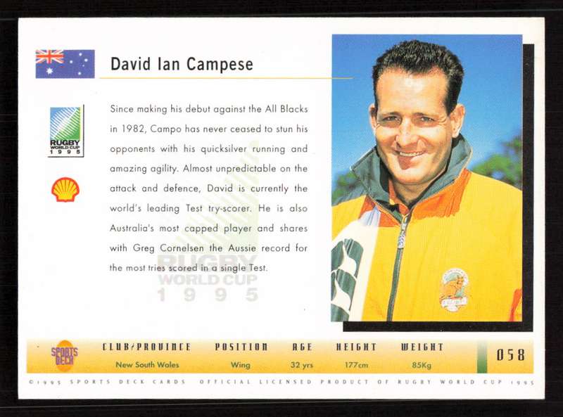 1995 Sports Deck Cards Rugby World Cup 1995 #058 David Ian Campese