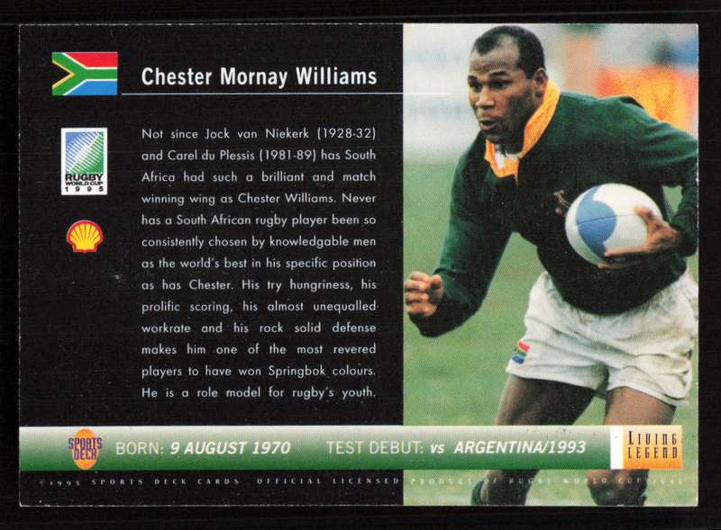 1995 Sports Deck Cards Rugby World Cup 1995 Living Legend Chester Mornay Williams