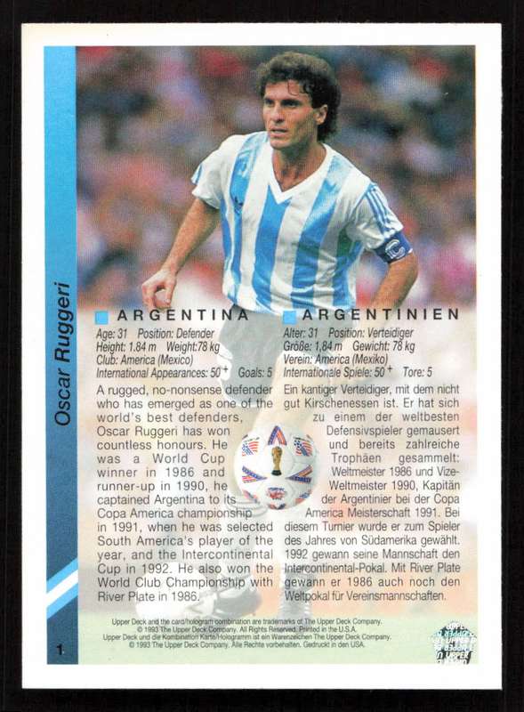 1993 Upper Deck World Cup Preview (Argentina) #1 Oscar Ruggeri