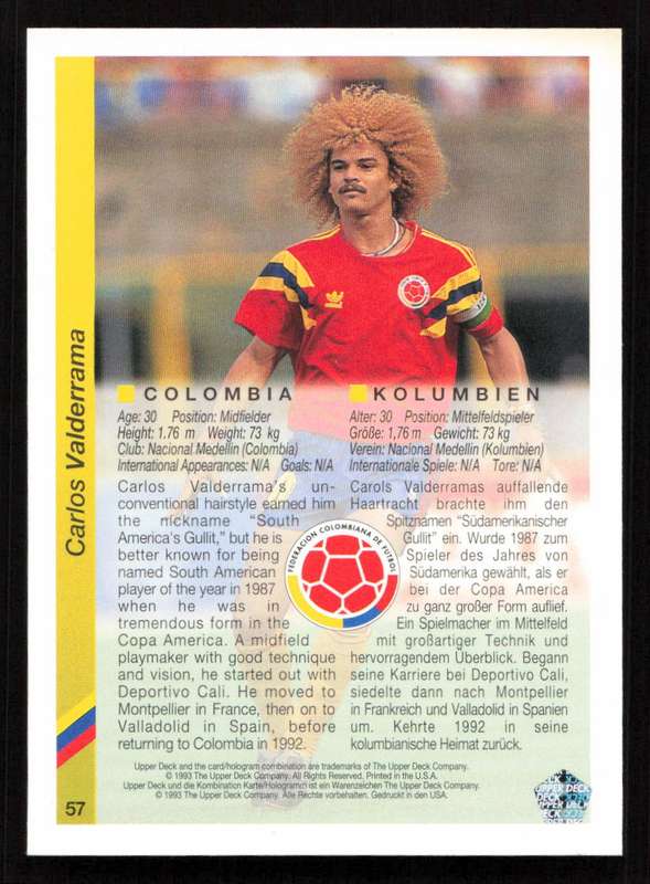 1993 Upper Deck World Cup Preview (Columbia ) #57 Carlos Valderrama