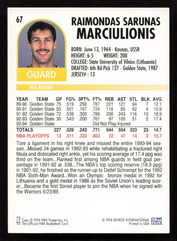 1994-95 Hoops #67 Sarunas Marciulionis