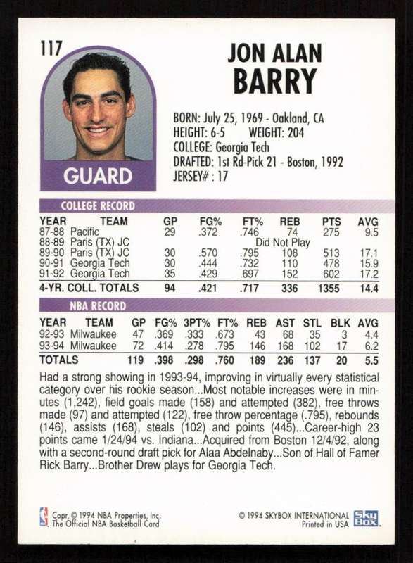 1994-95 Hoops #117 Jon Barry