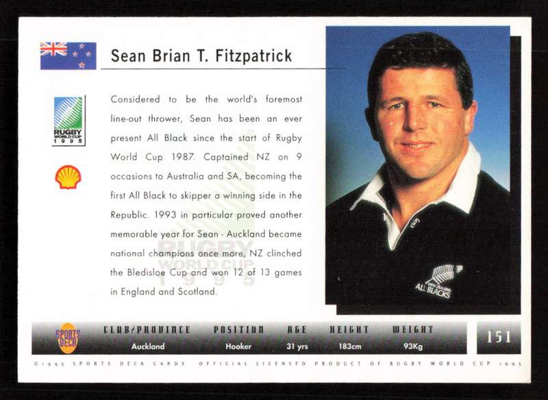 1995 Sports Deck Cards Rugby World Cup 1995 #151 Sean Brian T. Fitzpatrick