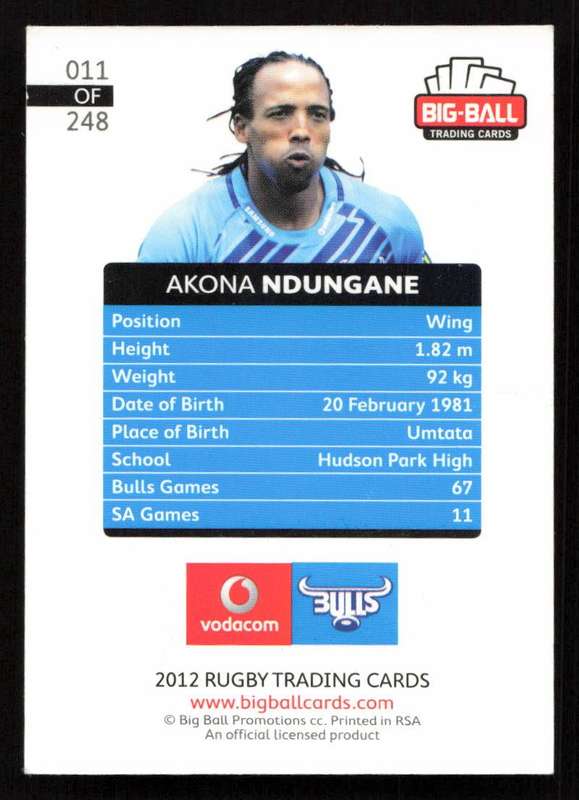 Big Ball 2012 Rugby Trading Card Card 011/248 Akona Ndungane