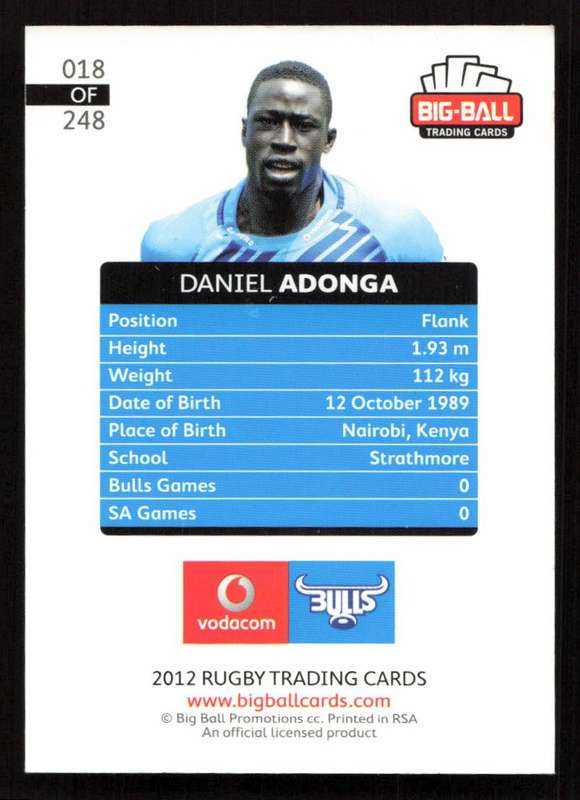 Big Ball 2012 Rugby Trading Card Card 018/248 Daniel Adonga