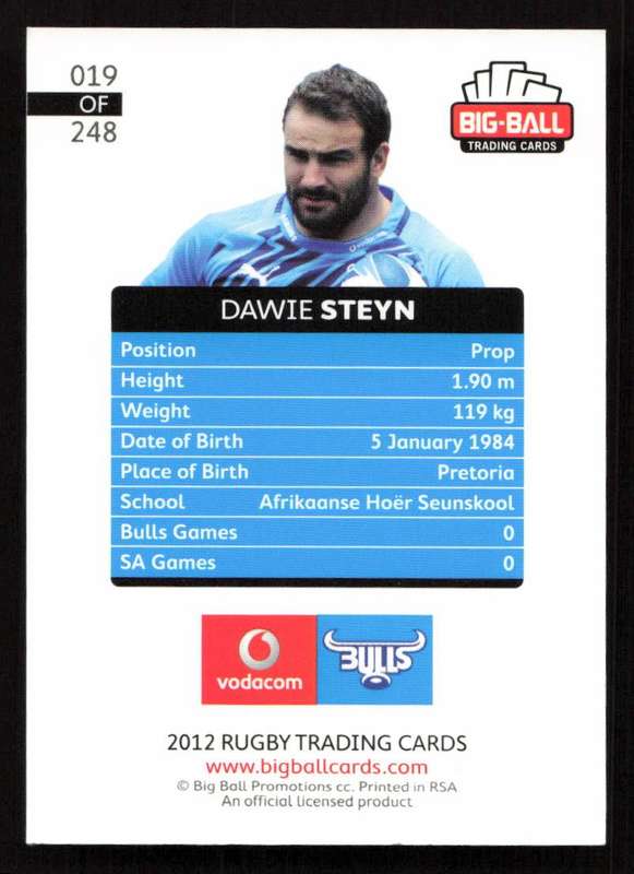 Big Ball 2012 Rugby Trading Card Card 019/248 Dawie Steyn
