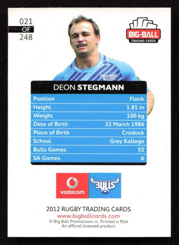 Big Ball 2012 Rugby Trading Card Card 021/248 Deon Stegmann
