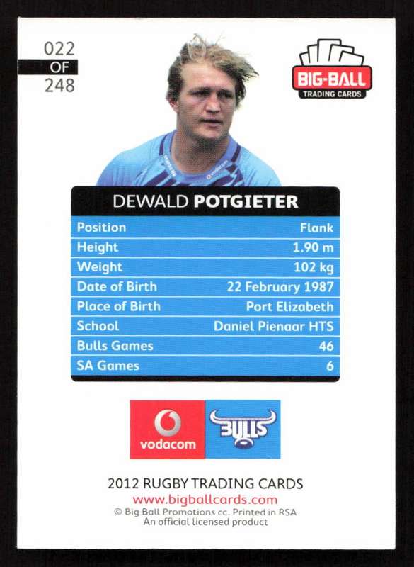 Big Ball 2012 Rugby Trading Card Card 022/248 Dewald Potgieter