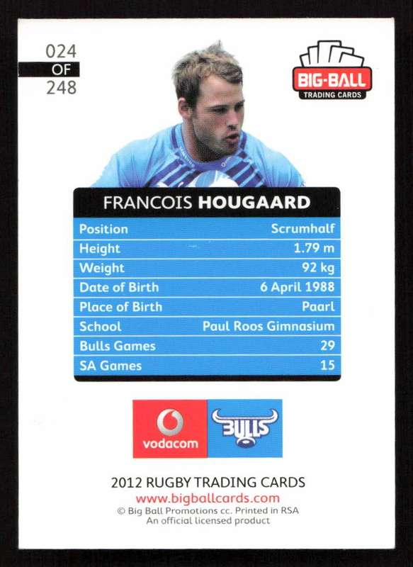 Big Ball 2012 Rugby Trading Card Card 024/248 Francois Hougaard