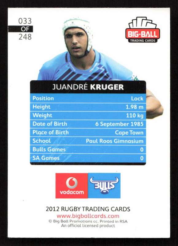 Big Ball 2012 Rugby Trading Card Card 033/248 Juandre Kruger