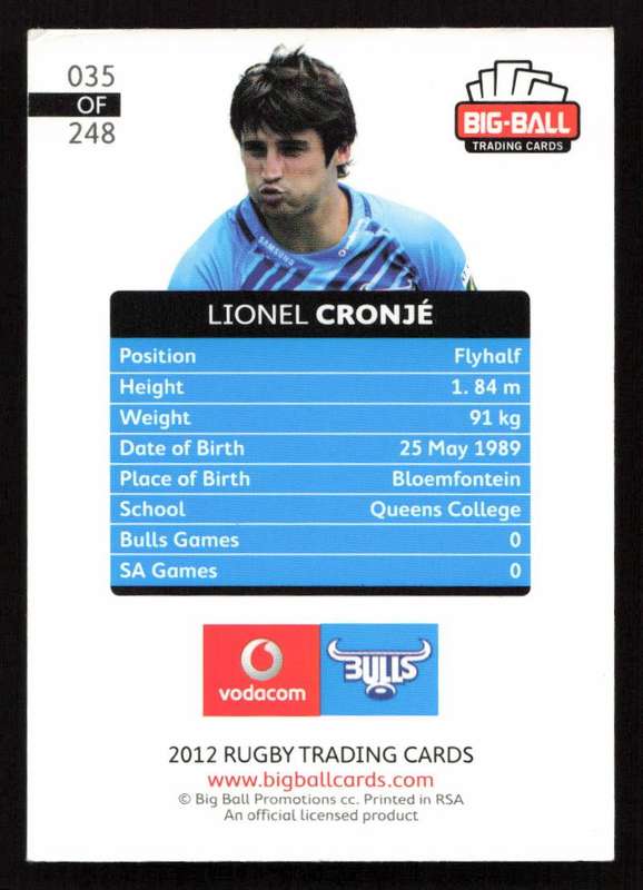 Big Ball 2012 Rugby Trading Card Card 035/248 Lionel Cronje