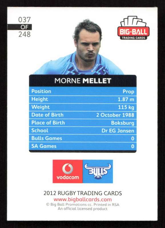 Big Ball 2012 Rugby Trading Card Card 037/248 Morne Mellet