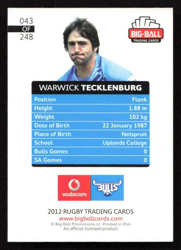Big Ball 2012 Rugby Trading Card Card 043/248 Warwick Tecklenburg