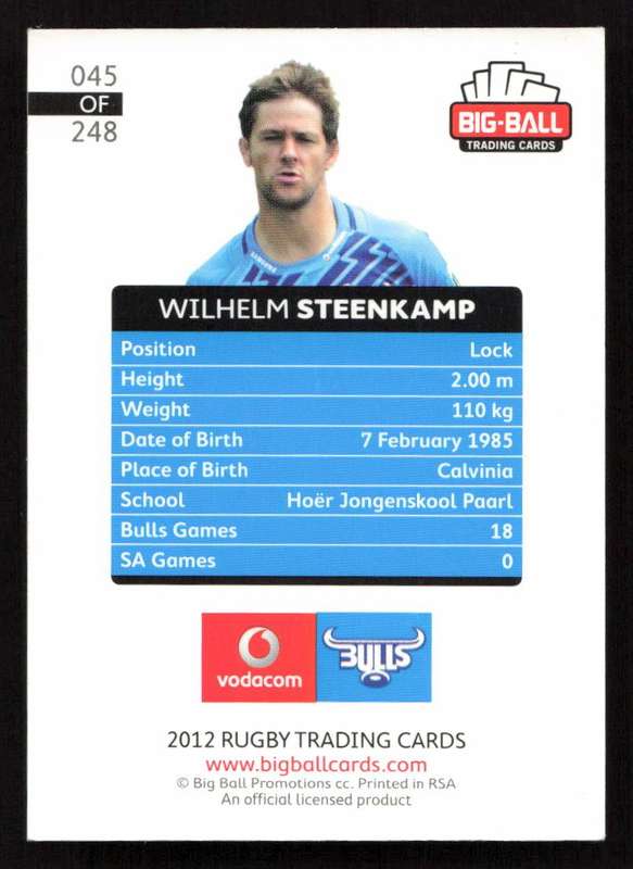 Big Ball 2012 Rugby Trading Card Card 045/248 Wilhelm Steenkamp