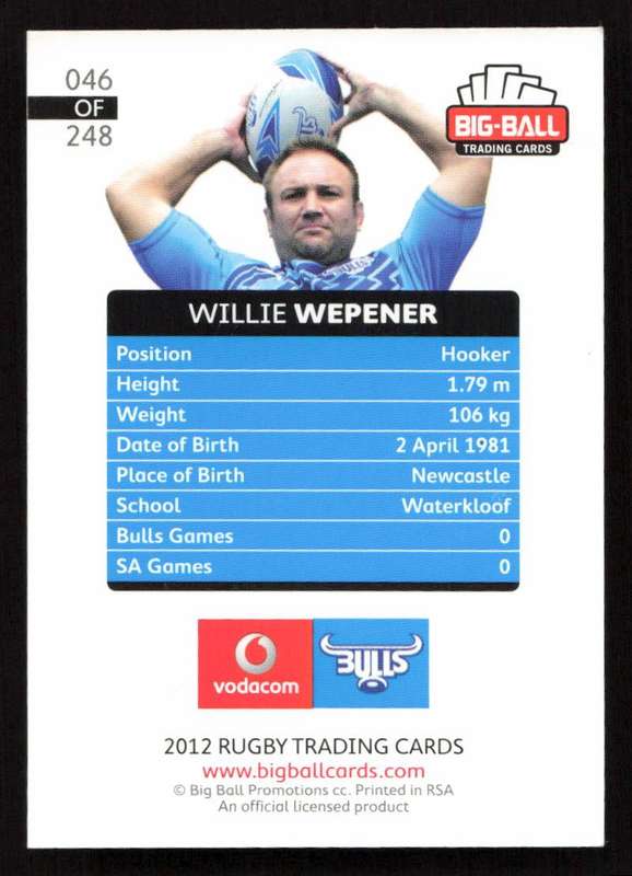 Big Ball 2012 Rugby Trading Card Card 046/248 Willie Wepener