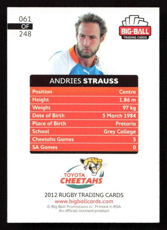 Big Ball 2012 Rugby Trading Card Card 061/248 Andries Strauss
