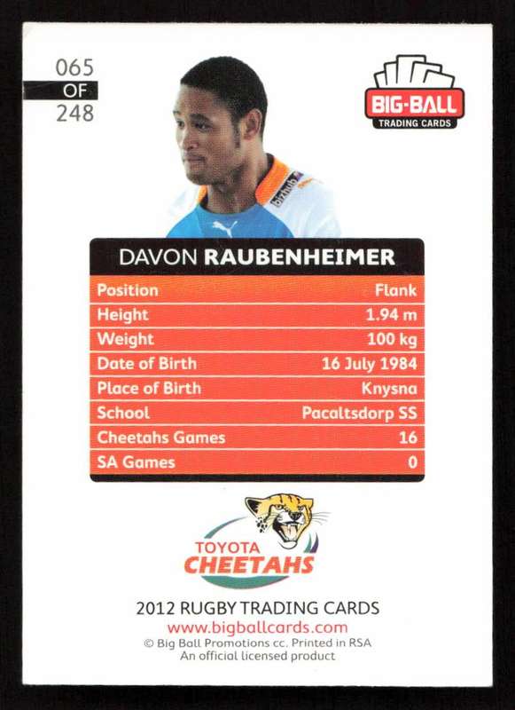 Big Ball 2012 Rugby Trading Card Card 065/248 Davon Raubenheimer