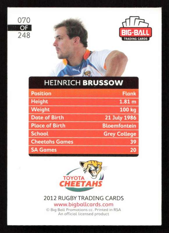 Big Ball 2012 Rugby Trading Card Card 070/248 Heinrich Brussow