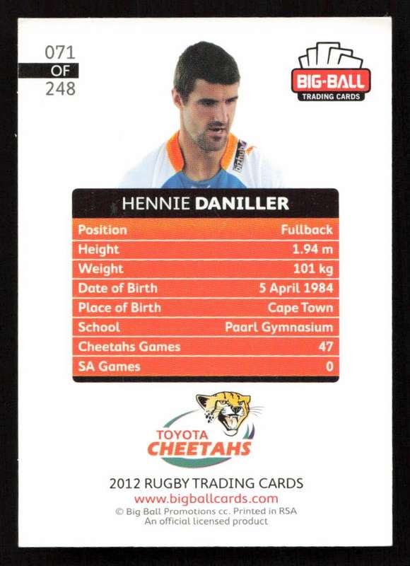 Big Ball 2012 Rugby Trading Card Card 071/248 Hennie Daniller