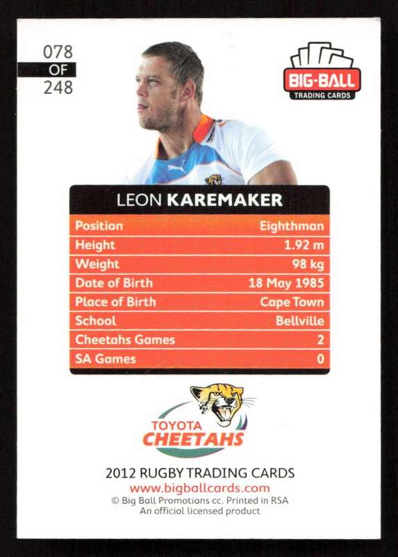 Big Ball 2012 Rugby Trading Card Card 078/248 Leon Karemaker