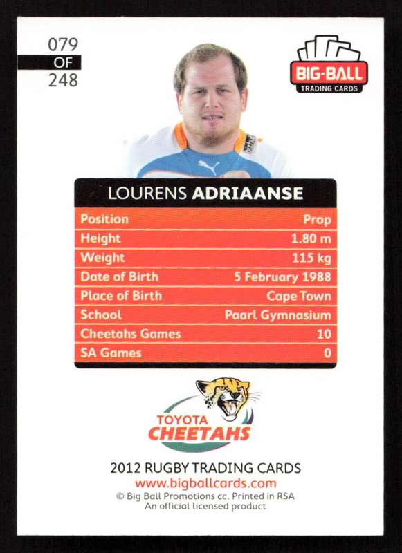 Big Ball 2012 Rugby Trading Card Card 079/248 Lourens Adriaanse