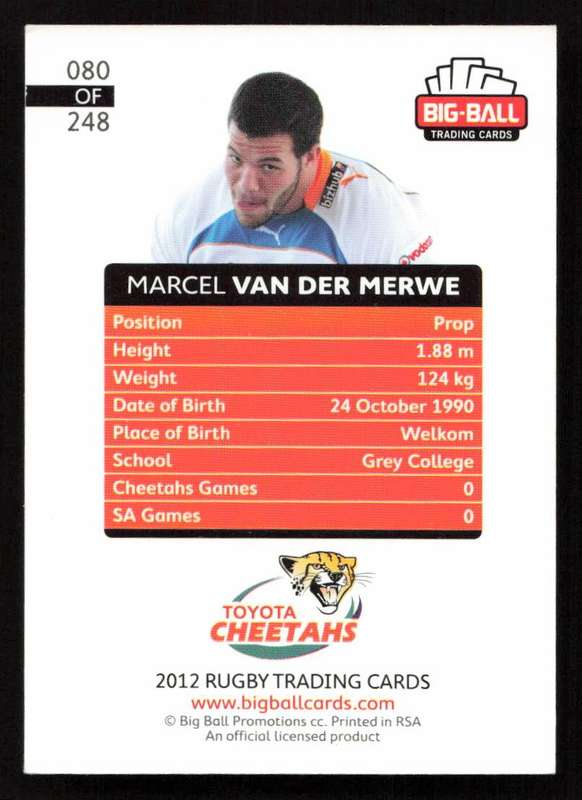 Big Ball 2012 Rugby Trading Card Card 080/248 Marcel van der Merwe