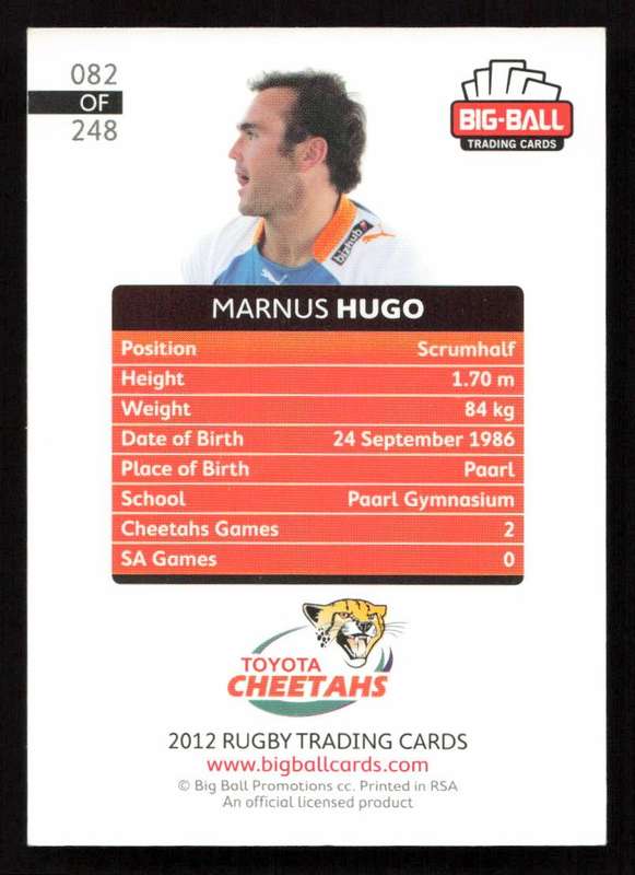 Big Ball 2012 Rugby Trading Card Card 082/248 Marnus Hugo