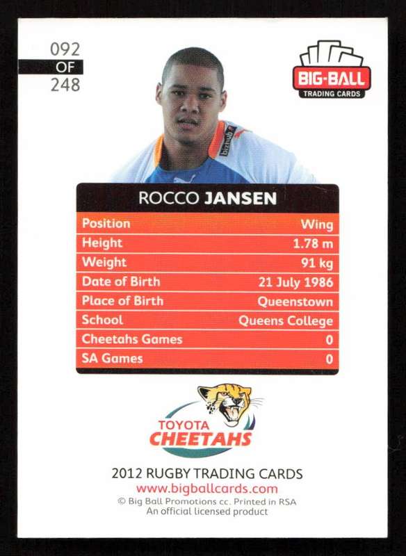Big Ball 2012 Rugby Trading Card Card 092/248 Rocco Jansen