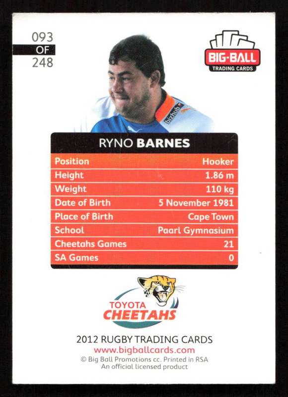 Big Ball 2012 Rugby Trading Card Card 093/248 Ryno Barnes