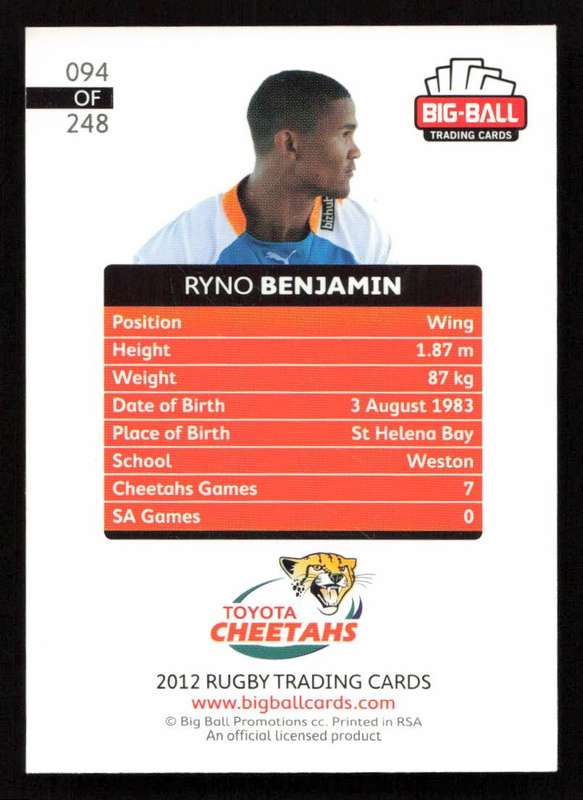 Big Ball 2012 Rugby Trading Card Card 094/248 Ryno Benjamin