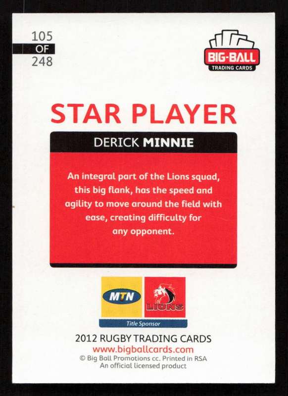 Big Ball 2012 Rugby Trading Card Card 105/248 Derick Minnie