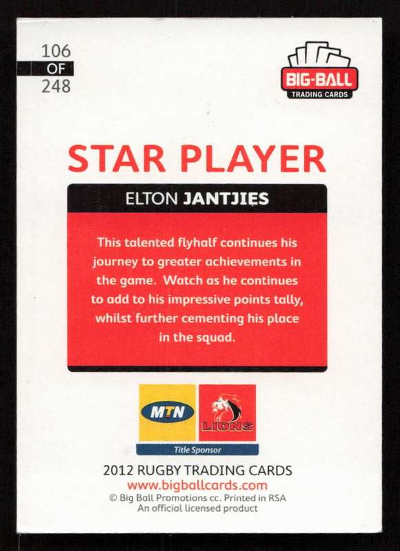 Big Ball 2012 Rugby Trading Card Card 106/248 Elton Jantjies