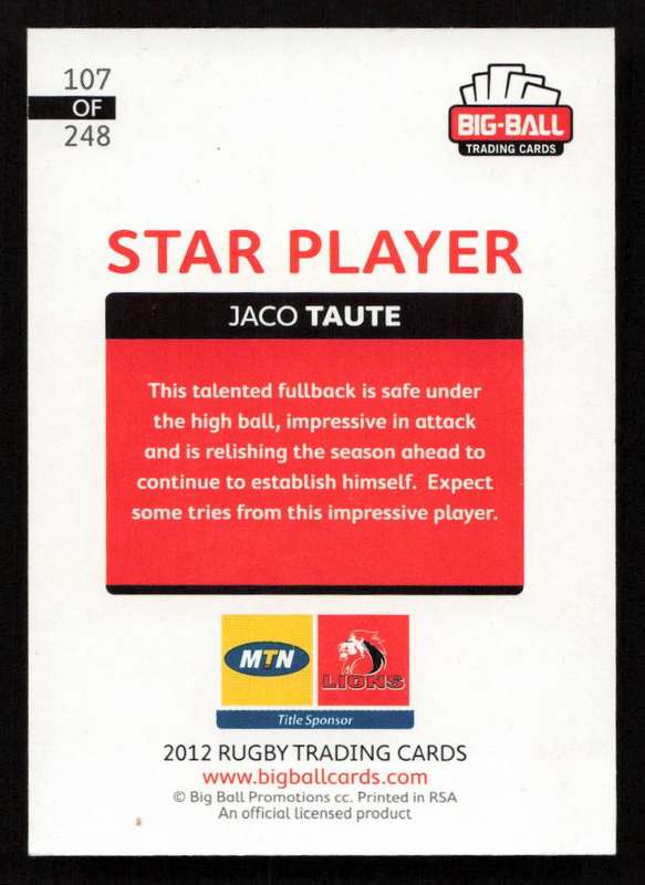 Big Ball 2012 Rugby Trading Card Card 107/248 Jaco Taute