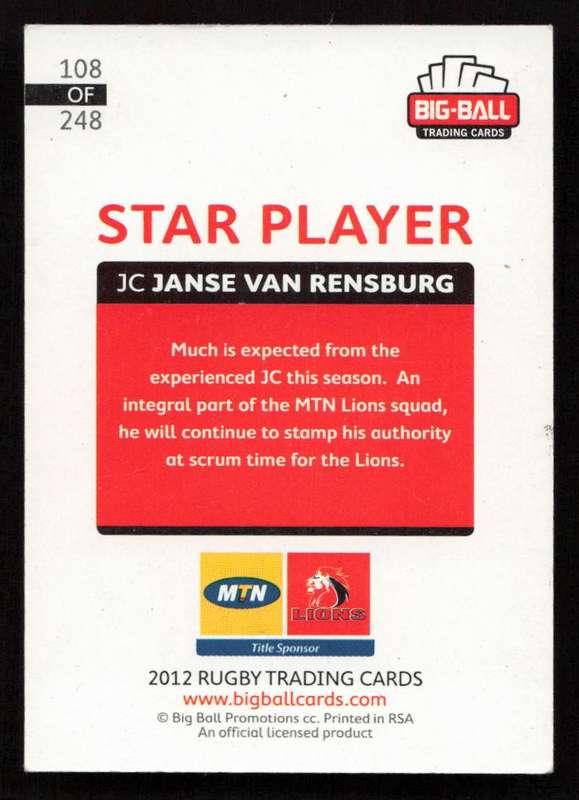 Big Ball 2012 Rugby Trading Card Card 108/248 JC Janse van Rensburg