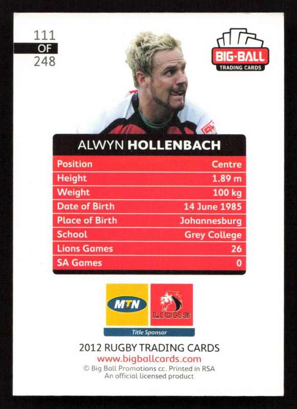 Big Ball 2012 Rugby Trading Card Card 111/248 Alwyn Hollenbach