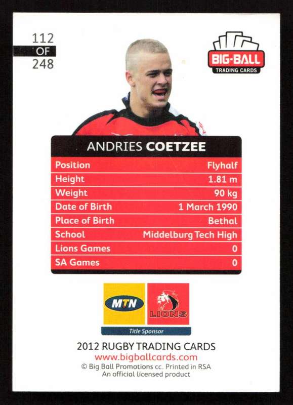 Big Ball 2012 Rugby Trading Card Card 112/248 Andries Coetzee