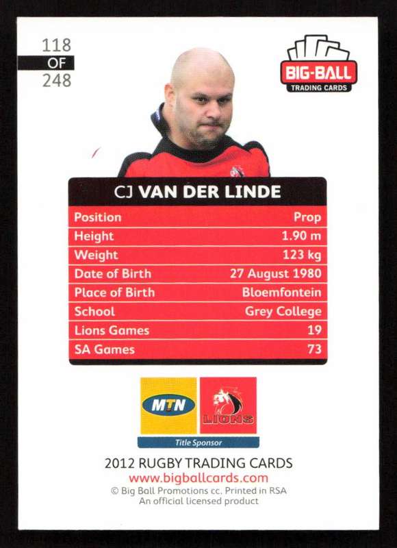 Big Ball 2012 Rugby Trading Card Card 118/248 CJ van der Linde
