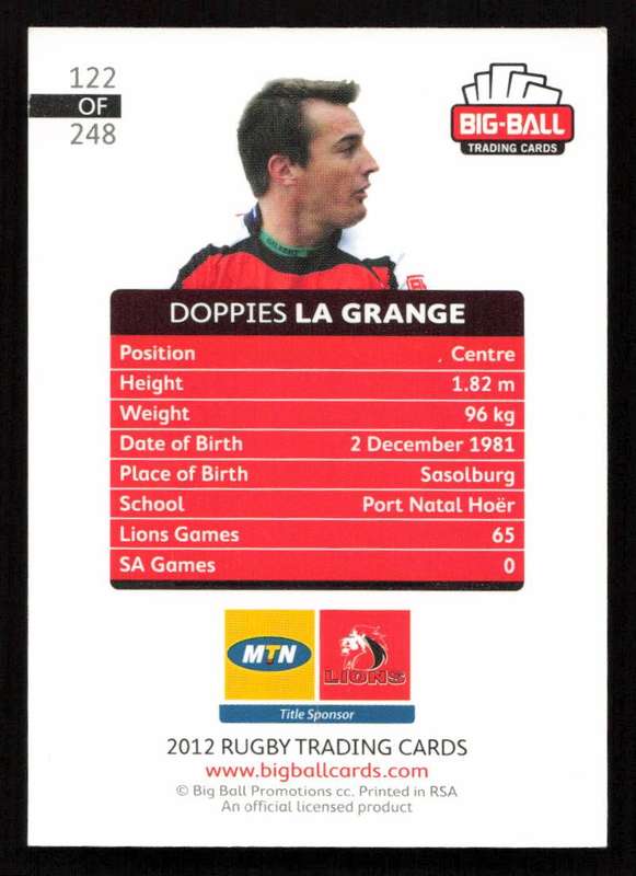 Big Ball 2012 Rugby Trading Card Card 122/248 Doppies la Grange
