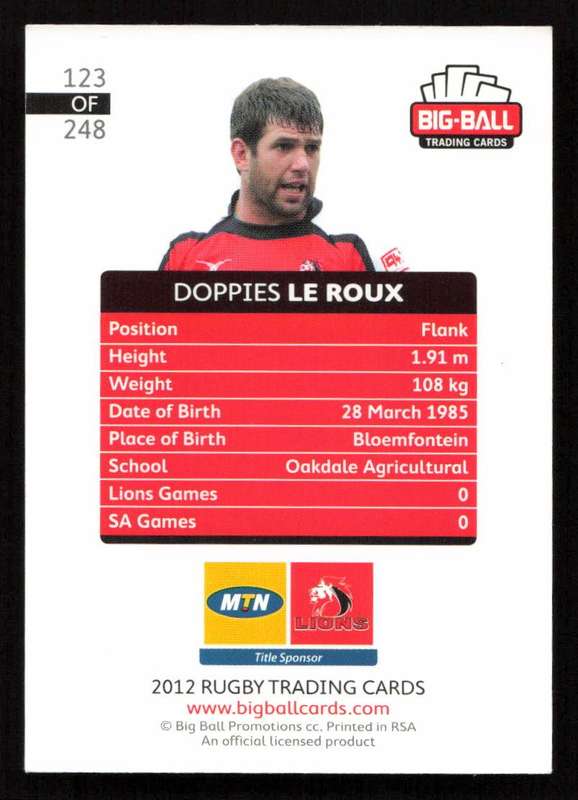 Big Ball 2012 Rugby Trading Card Card 123/248 Doppies le Roux